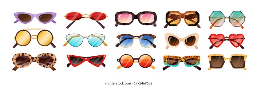 Set of fashionable sunglasses different shape and color vector illustration. Collection of modern and vintage accessories for vision and protection from sunshine isolated on white background