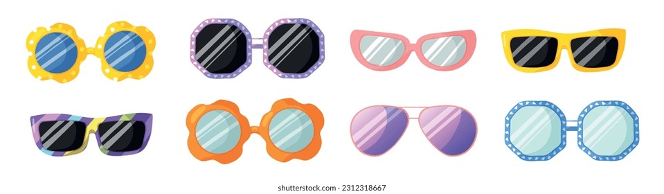 Eine Reihe modischer Sonnenbrillen in unterschiedlicher Form und Farbe. Kollektion von modernem und Vintage-Zubehör zum Schutz vor Sonnenschein einzeln auf weißem Hintergrund