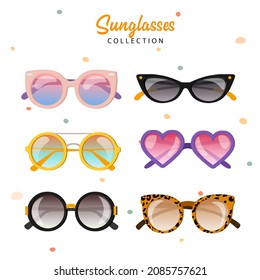 Set of fashionable sunglasses of different shapes, colors, and gradient glasses. Vector illustration isolated on white background.