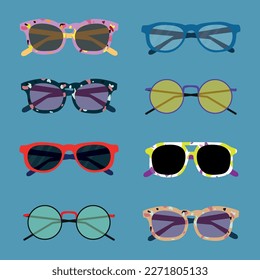 Conjunto de gafas de sol de moda en diversas formas y colores de ilustración vectorial. Colección de accesorios modernos y vintage para la protección del sol y de los ojos sobre fondo azul