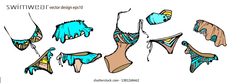 A set of fashionable swimsuits drawn by hand are isolated on a white background. Summer collection of swimsuits. Vector eps10