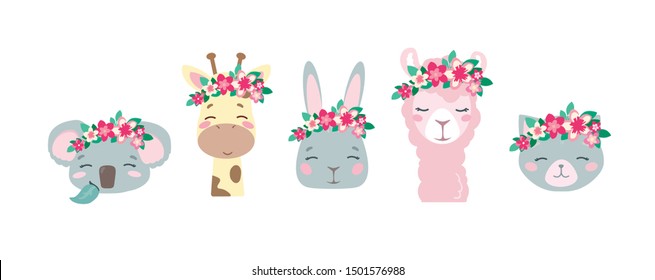 Set of fashionable vector animals in cartoon style. Cute smiley bunny, llama, cat, giraffe and koala faces, 
in wreaths of pink flowers. Isolated on white background. Delicate pastel colors for babies