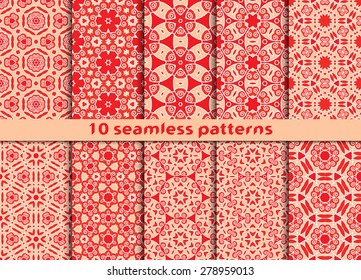 Set of fashionable vintage seamless patterns. Ten fanciful and complicated ornaments with Swatch for filling.