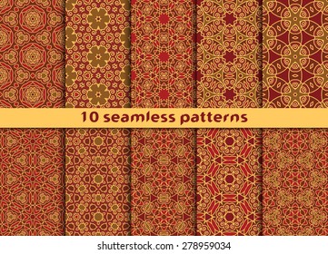 Set of fashionable vintage seamless patterns. Ten fanciful and complicated ornaments with Swatch for filling.