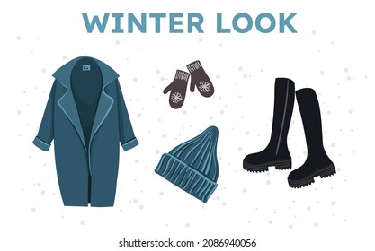 set of fashionable winter or autumn clothes, isolated on white background. Trend illustration, modern women look. fashionable blue-green coat, hat, high boots with thick soles, mittens
