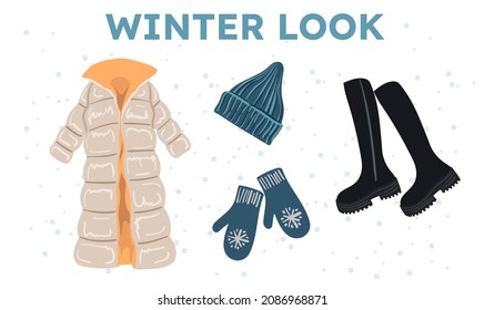 set of fashionable winter clothes, isolated on white background. Trend illustration, modern women look. long jacket down jacket oversize, high boots with thick soles, knitted hat, mittens
