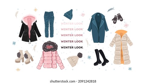 set of fashionable winter clothes, isolated on white background. Trend illustration, modern women look. winter jacket with fur, quilted puffed trousers, hat with pompom, high-heeled shoes