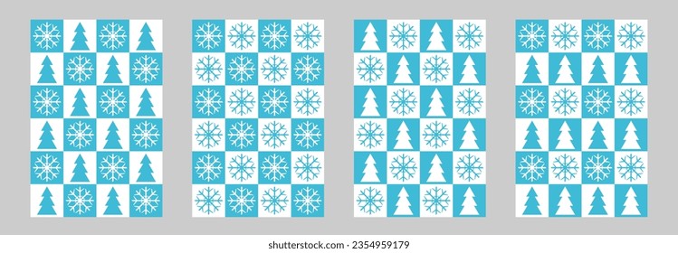 Set of fashionable winter seamless patterns in a flat style. Minimalistic Christmas backgrounds with snowflakes and Christmas trees . Vector.