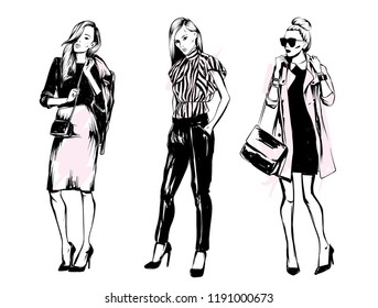 Set of fashionable womans. Stylish closes. Vector illustration.