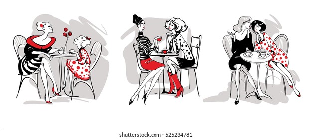 A set of fashionable women in the cafe, mother and daughter, girlfriend talking, drinking coffee. Stylish, linear black, white, red freehand drawing