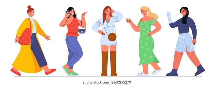 Set of fashionable women concept. Young girl in trendy clothes. Fashion and style. Aesthetics, beauty and elegance. Cartoon flat vector collection isolated on white background