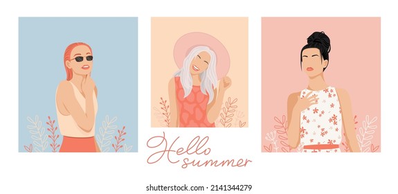 Set of fashionable women portraits. Hello summer. Beautiful young women in sunglasses, wearing a hat. Stylish abstract girls in pastel colors. Vector fashion illustration