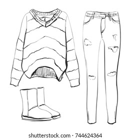 A set of fashionable women s clothing. Shoes, pants and Wool hat. Wool sweater. Vector illustration. Fashion sketch. Selection of clothes for autumn-spring.