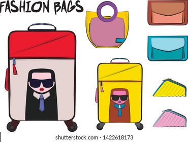 Set of fashionable women's bags.  Vector fashion illustration isolated on a white background. 
Different types of stylish bags, satchel, saddle, hobo, doctor, clutch, duffel, tote, barrel, suitcase 
