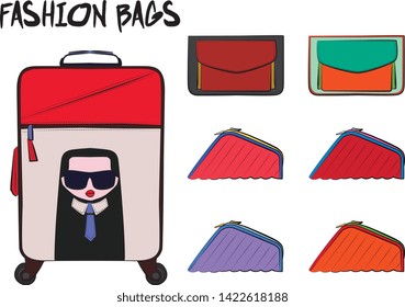 Set of fashionable women's bags.  Vector fashion illustration isolated on a white background. 
Different types of stylish bags, satchel, saddle, hobo, doctor, clutch, duffel, tote, barrel, suitcase 
