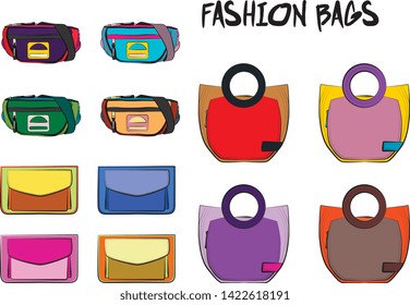 Set of fashionable women's bags.  Vector fashion illustration isolated on a white background. 
Different types of stylish bags, satchel, saddle, hobo, doctor, clutch, duffel, tote, barrel, suitcase 
