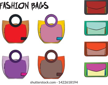 Set of fashionable women's bags.  Vector fashion illustration isolated on a white background. 
Different types of stylish bags, satchel, saddle, hobo, doctor, clutch, duffel, tote, barrel, suitcase 
