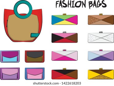 Set of fashionable women's bags.  Vector fashion illustration isolated on a white background. 
Different types of stylish bags, satchel, saddle, hobo, doctor, clutch, duffel, tote, barrel, suitcase 
