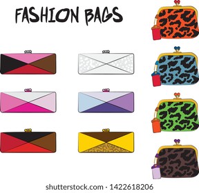 Set of fashionable women's bags.  Vector fashion illustration isolated on a white background. 
Different types of stylish bags, satchel, saddle, hobo, doctor, clutch, duffel, tote, barrel, suitcase 
