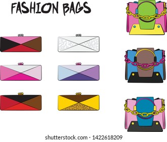Set of fashionable women's bags.  Vector fashion illustration isolated on a white background. 
Different types of stylish bags, satchel, saddle, hobo, doctor, clutch, duffel, tote, barrel, suitcase 
