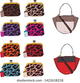 Set of fashionable women's bags.  Vector fashion illustration isolated on a white background. 
Different types of stylish bags, satchel, saddle, hobo, doctor, clutch, duffel, tote, barrel, suitcase 
