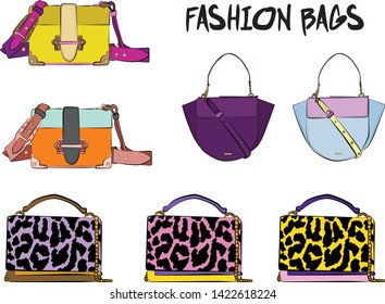 Set of fashionable women's bags.  Vector fashion illustration isolated on a white background. 
Different types of stylish bags, satchel, saddle, hobo, doctor, clutch, duffel, tote, barrel, suitcase 
