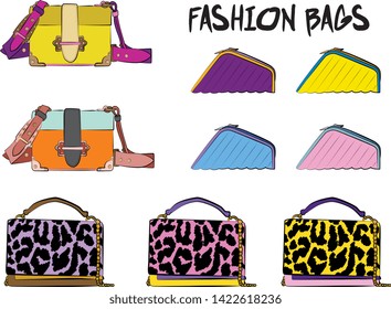Set of fashionable women's bags.  Vector fashion illustration isolated on a white background. 
Different types of stylish bags, satchel, saddle, hobo, doctor, clutch, duffel, tote, barrel, suitcase 
