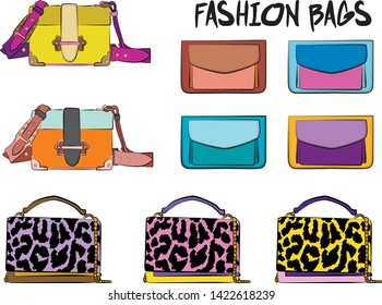 Set of fashionable women's bags.  Vector fashion illustration isolated on a white background. 
Different types of stylish bags, satchel, saddle, hobo, doctor, clutch, duffel, tote, barrel, suitcase 
