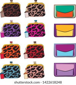Set of fashionable women's bags.  Vector fashion illustration isolated on a white background. 
Different types of stylish bags, satchel, saddle, hobo, doctor, clutch, duffel, tote, barrel, suitcase 

