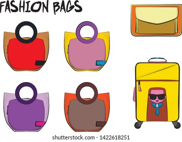 Set of fashionable women's bags.  Vector fashion illustration isolated on a white background. 
Different types of stylish bags, satchel, saddle, hobo, doctor, clutch, duffel, tote, barrel, suitcase 
