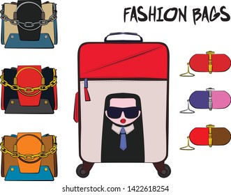 Set of fashionable women's bags.  Vector fashion illustration isolated on a white background. 
Different types of stylish bags, satchel, saddle, hobo, doctor, clutch, duffel, tote, barrel, suitcase 

