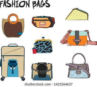 Set of fashionable women's bags.  Vector fashion illustration isolated on a white background. 
Different types of stylish bags, satchel, saddle, hobo, doctor, clutch, duffel, tote, barrel, suitcase 