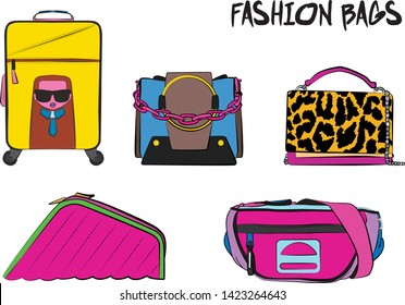 Set of fashionable women's bags.  Vector fashion illustration isolated on a white background. 
Different types of stylish bags, satchel, saddle, hobo, doctor, clutch, duffel, tote, barrel, suitcase 