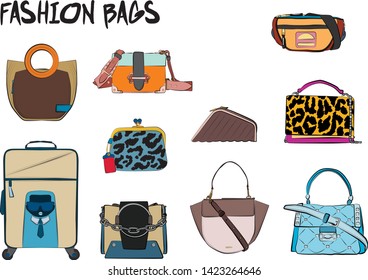 Set of fashionable women's bags.  Vector fashion illustration isolated on a white background. 
Different types of stylish bags, satchel, saddle, hobo, doctor, clutch, duffel, tote, barrel, suitcase 
