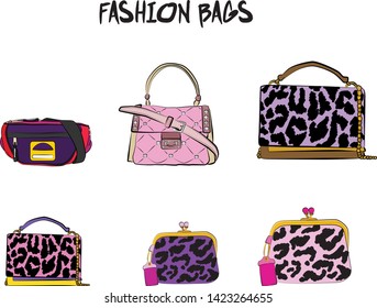 Set of fashionable women's bags.  Vector fashion illustration isolated on a white background. 
Different types of stylish bags, satchel, saddle, hobo, doctor, clutch, duffel, tote, barrel, suitcase 