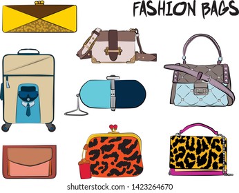 Set of fashionable women's bags.  Vector fashion illustration isolated on a white background. 
Different types of stylish bags, satchel, saddle, hobo, doctor, clutch, duffel, tote, barrel, suitcase 