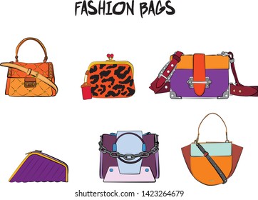 Set of fashionable women's bags.  Vector fashion illustration isolated on a white background. 
Different types of stylish bags, satchel, saddle, hobo, doctor, clutch, duffel, tote, barrel, suitcase 