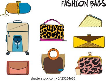 Set of fashionable women's bags.  Vector fashion illustration isolated on a white background. 
Different types of stylish bags, satchel, saddle, hobo, doctor, clutch, duffel, tote, barrel, suitcase 