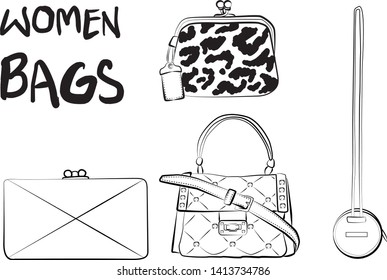 Set of fashionable women's bags(coloring book).  Vector sketch illustration isolated on a white background. 
Different types of stylish bags, satchel, saddle, hobo, doctor, clutch, duffel, tote, barre