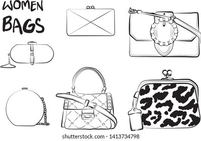 Set of fashionable women's bags(coloring book).  Vector sketch illustration isolated on a white background. 
Different types of stylish bags, satchel, saddle, hobo, doctor, clutch, duffel, tote, barre