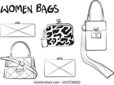 Set of fashionable women's bags(coloring book).  Vector sketch illustration isolated on a white background. 
Different types of stylish bags, satchel, saddle, hobo, doctor, clutch, duffel, tote, barre