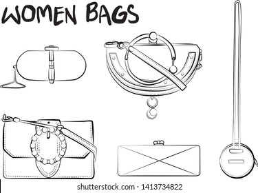Set of fashionable women's bags(coloring book).  Vector sketch illustration isolated on a white background. 
Different types of stylish bags, satchel, saddle, hobo, doctor, clutch, duffel, tote, barre