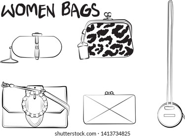 Set of fashionable women's bags(coloring book).  Vector sketch illustration isolated on a white background. 
Different types of stylish bags, satchel, saddle, hobo, doctor, clutch, duffel, tote, barre