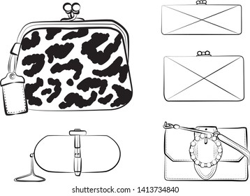 Set of fashionable women's bags(coloring book).  Vector sketch illustration isolated on a white background. 
Different types of stylish bags, satchel, saddle, hobo, doctor, clutch, duffel, tote, barre
