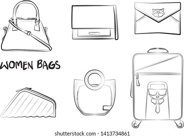 Set of fashionable women's bags(coloring book).  Vector sketch illustration isolated on a white background. 
Different types of stylish bags, satchel, saddle, hobo, doctor, clutch, duffel, tote, barre