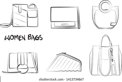 Set of fashionable women's bags(coloring book).  Vector sketch illustration isolated on a white background. 
Different types of stylish bags, satchel, saddle, hobo, doctor, clutch, duffel, tote, barre