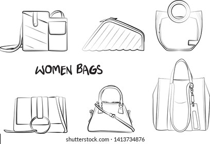Set of fashionable women's bags(coloring book).  Vector sketch illustration isolated on a white background. 
Different types of stylish bags, satchel, saddle, hobo, doctor, clutch, duffel, tote, barre