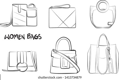 Set of fashionable women's bags(coloring book).  Vector sketch illustration isolated on a white background. 
Different types of stylish bags, satchel, saddle, hobo, doctor, clutch, duffel, tote, barre