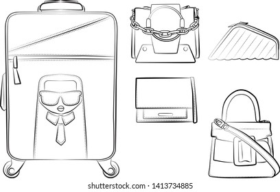 Set of fashionable women's bags(coloring book).  Vector sketch illustration isolated on a white background. 
Different types of stylish bags, satchel, saddle, hobo, doctor, clutch, duffel, tote, barre