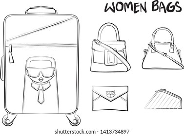 Set of fashionable women's bags(coloring book).  Vector sketch illustration isolated on a white background. 
Different types of stylish bags, satchel, saddle, hobo, doctor, clutch, duffel, tote, barre